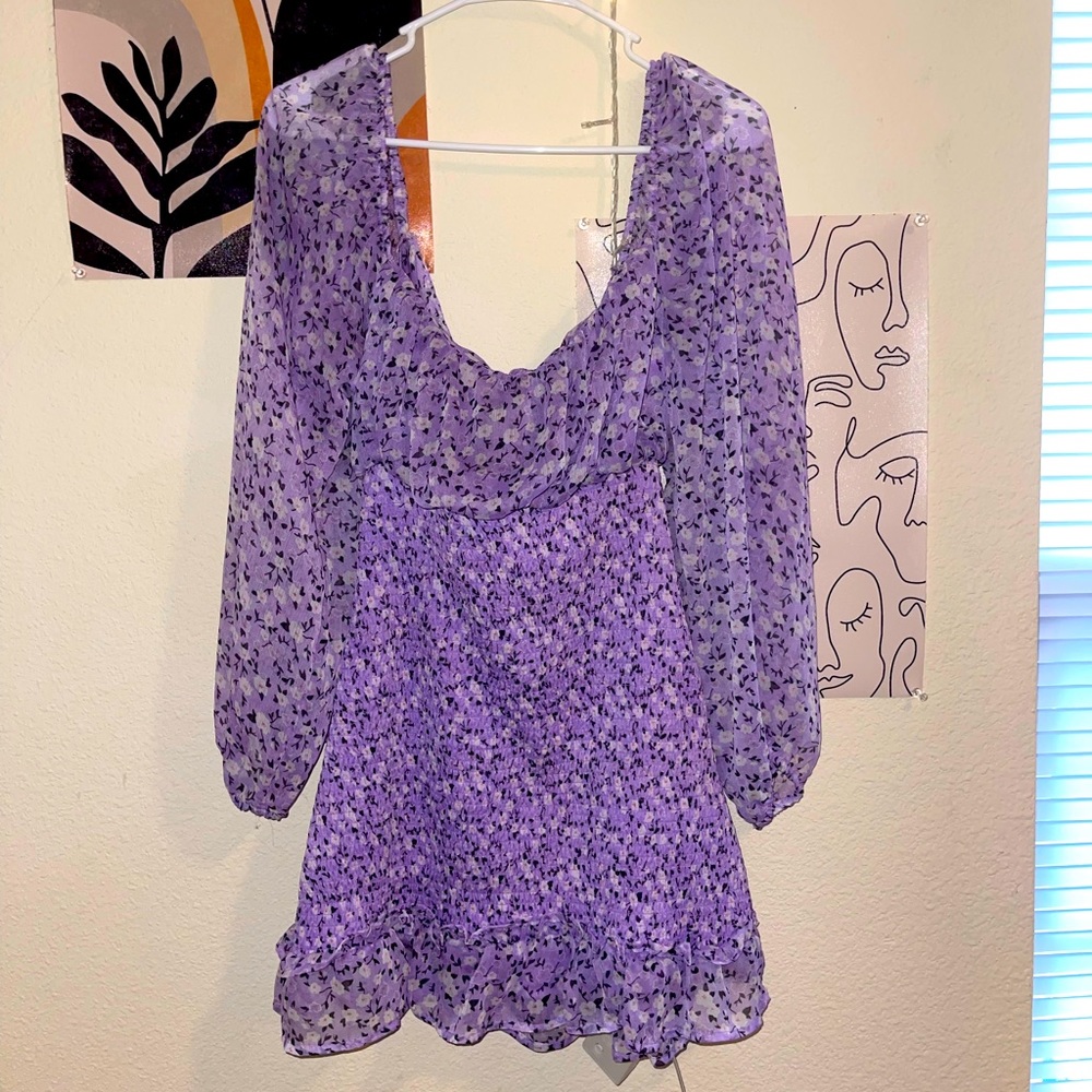 Purple Floral Bodycon Dress with Flow Sleeves